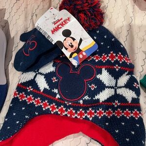 Disney Mickey Mouse Kids Knit Hat with Mittens - Navy and Red